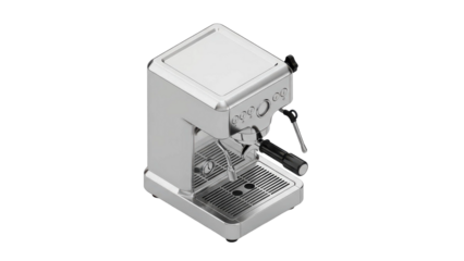 Sleek silver espresso machine with black handle and dials, presented in a modern studio setting against a stark black background, perfect for kitchen or cafe themes.