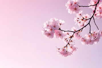 A minimalist photograph of cherry blossoms in soft pastel pink, with ample negative space and serene lighting.
