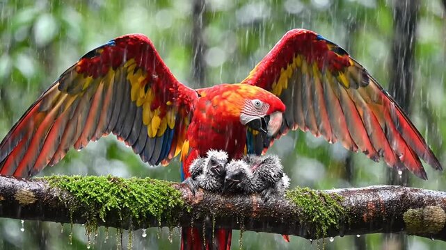 Majestic Scarlet Macaw Spreads its Wings to Protect Chicks from a Heavy Rainforest Downpour