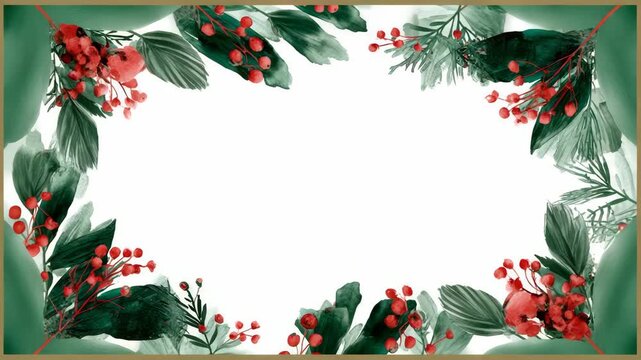 Watercolor-style botanical border of red berries and green foliage on a white background, ideal for festive or seasonal greeting card concepts