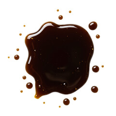 highly viscous, dark mahogany molasses puddle and small splatters isolated on a stark white background, top-down macro view emphasizing glossy texture, clean commercial food concept