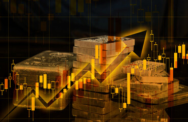 Gold and Silver Price chart with bars in the background, candle going upwards