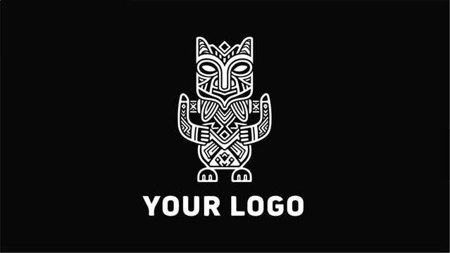 Tribal Tiki Mask Logo Design on Black Background.