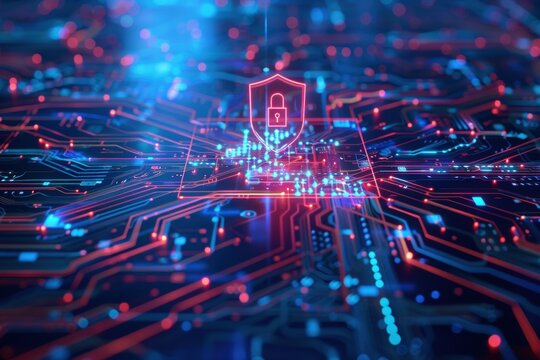 Futuristic digital security shield with padlock icon glowing on a circuit board with blue and red neon lights - Powered by Adobe