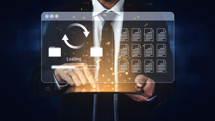 File synchronization or loading interface with progress bar, folders, and documents, symbolizing data backup, transfer, and system update Parse