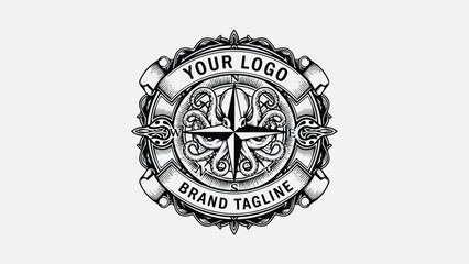 Vintage Compass Logo with Octopus Tentacles and Banner for Brand Tagline.