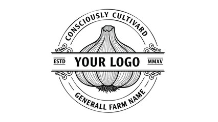 Vintage Garlic Farm Logo Design with Consciously Cultivated and Generall Farm Name Text.