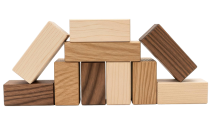 Diverse wooden blocks are stacked and balanced in a creative arrangement on a plain black background, showcasing natural grain textures and varying wood tones with subtle lighting.