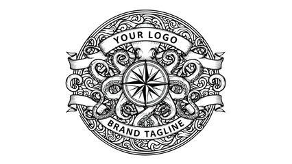 Vintage Nautical Compass Logo with Octopus Tentacles and Ornate Details.
