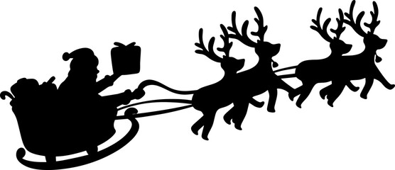 santa claus silhouette riding reindeer sleigh