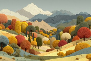 Fototapeta premium Vivid autumn landscape with colorful trees and distant mountains in a whimsical vector style