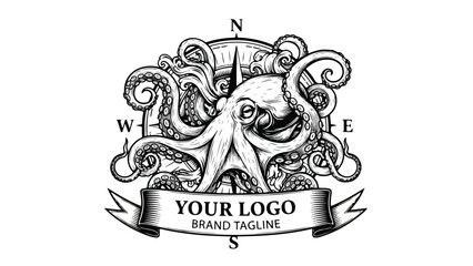Vintage Octopus Logo with Compass and Banner Design.
