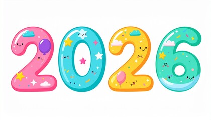 Fototapeta premium The numbers “2 0 2 6” designed in a bright, playful kids theme with rounded, bubbly shapes and cheerful pastel colors. Each number looks soft and friendly, decorated with fun elements.