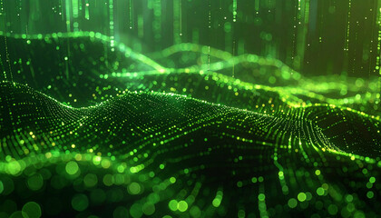 Digital Flow: Captivating display of flowing digital data in shades of green, with lines and lights representing a vibrant network. Illustrating concept of technology and interconnectedness.
