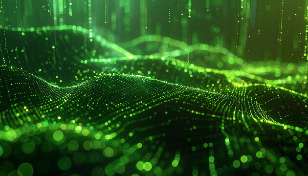 Digital Flow: Captivating display of flowing digital data in shades of green, with lines and lights representing a vibrant network. Illustrating concept of technology and interconnectedness. - Powered by Adobe