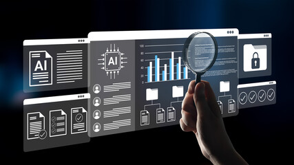 A hand holds a magnifying glass over digital charts and data visualizations representing artificial intelligence analysis in a dark environment. Gantry