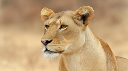 Obraz premium jawline. Lioness with a strong jawline stands against a golden savanna, exuding power and grace. wildlife magazines, conservation campaigns, designed for wildlife conservation campaigns. 