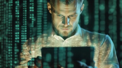 Caucasian businessman engaged in digital data processing on a tablet with abstract projections, digital data processing over caucasian businessman using tablet - Powered by Adobe