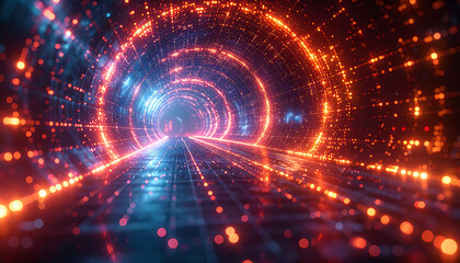 Digital Gateway: A mesmerizing tunnel of light and data. Journey through a network of digital pathways that is a visual symphony of information. Experience the seamless connectivity of our age.
