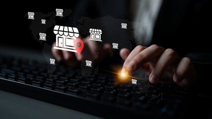 A modern concept showcasing a digital map with business locations highlighted, illustrating the synergy between technology and retail in a global marketplace. Gantry
