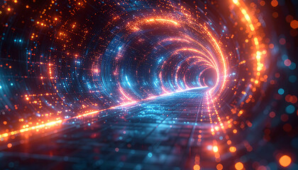 Obraz premium Digital Tunnel of Lights: a mesmerizing journey into a futuristic digital tunnel, illuminated by vibrant, glowing lights and intricate patterns