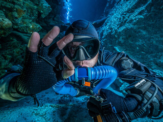 Rebreather diver in a canyon in the Red Sea