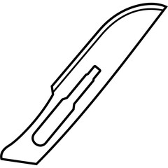 Surgical scalpel blade. Sharp disposable steel edge for precise tissue incision and dissection in clinical operations. Medical sterile surgical instrument. Vector outline icon.