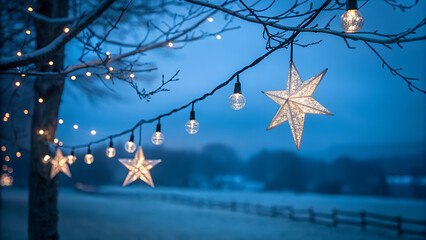 Christmas Lights - Stars String Hanging At Fir Branches In Abstract Defocused Background
