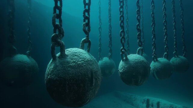 View of underwater sea mines with grounding chains in a submerged environment, Sea mines with grounding chains as viewed from underwater
