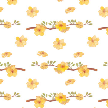 A seamless watercolor pattern of Vietnamese Tết apricot flowers (hoa mai), featuring yellow blossoms and branches in a bright festive spring composition symbolizing luck, prosperity, and renewal.