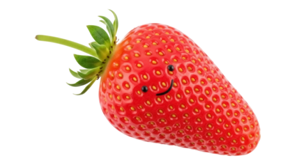 Smiling strawberry PNG isolated on transparent background, ripe red fruit with a happy face for healthy eating and fun designs