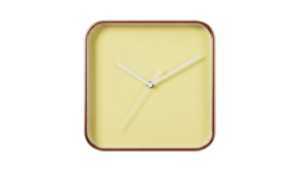 Square yellow wall clock isolated PNG, minimalist design with copper frame for home decor and timekeeping on transparent background