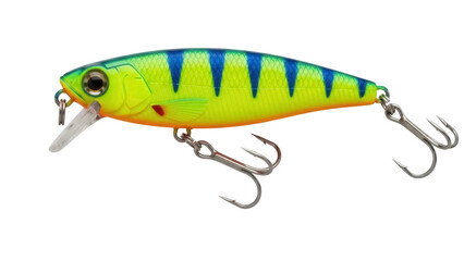 Yellow and blue fishing lure isolated PNG, wobbler with hooks for predatory fish on transparent background, fishing equipment