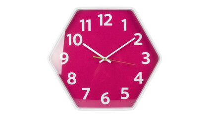 Magenta hexagon clock isolated PNG on transparent background, modern wall decor with white numbers and hands for timekeeping and interior design