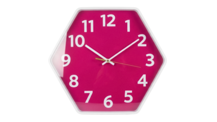 Magenta hexagon clock isolated PNG on transparent background, modern wall decor with white numbers and hands for timekeeping and interior design