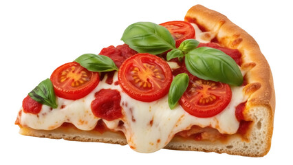 Delicious slice of Margherita pizza isolated PNG, with fresh tomatoes and basil on transparent background, Italian cuisine for restaurant menu