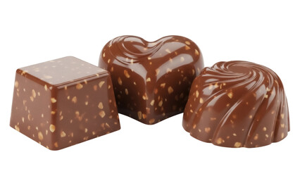 Three assorted chocolate candies isolated PNG on transparent background, gourmet sweets with nuts for dessert and confectionery use