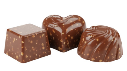 Three assorted chocolate candies isolated PNG on transparent background, gourmet sweets with nuts for dessert and confectionery use