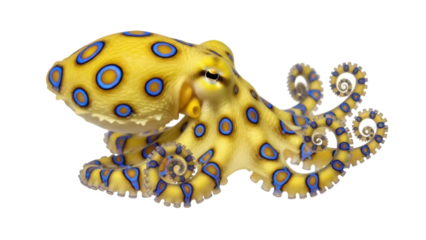 Blue-ringed octopus PNG isolated on transparent background, venomous sea animal with bright yellow skin and blue rings, marine wildlife