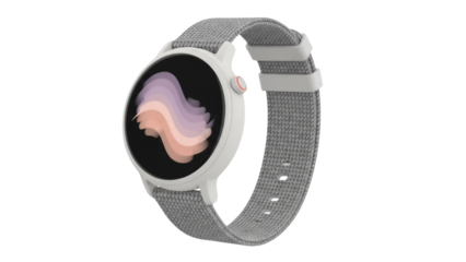 Smartwatch with gray woven band isolated PNG, modern wearable tech device for fitness tracking and communication on transparent background