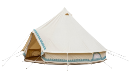 Bell tent PNG isolated on transparent background, canvas camping tent with decorative trim for outdoor adventure and glamping