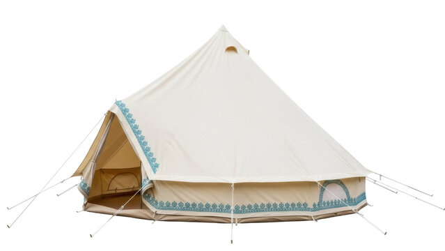 Bell tent PNG isolated on transparent background, canvas camping tent with decorative trim for outdoor adventure and glamping