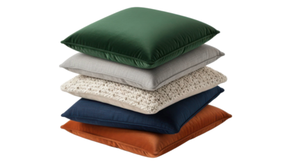 Stack of five plush throw pillows in assorted textures and rich colors including deep green velvet, light grey linen, cream knit, navy blue, and burnt orange, isolated on black.