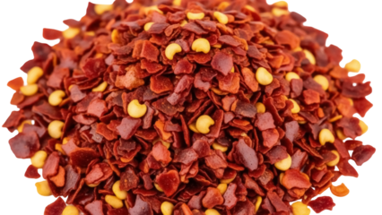 Pile of red pepper flakes isolated PNG, crushed chili flakes with seeds on transparent background, spicy seasoning for cooking