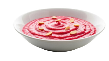 Beetroot soup in a bowl isolated PNG, vibrant pink color and garnished with almonds on transparent background