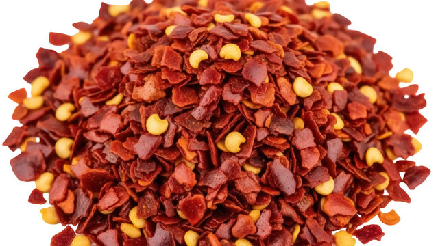 Pile of red pepper flakes isolated PNG, crushed chili flakes with seeds on transparent background, spicy seasoning for cooking