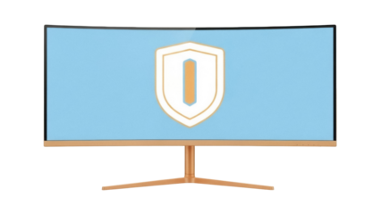 Curved gaming monitor PNG isolated on transparent background, modern display with thin bezel and gold stand for esports and design use