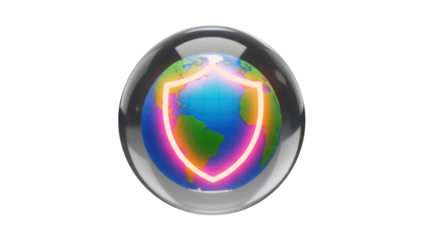 Globe with shield isolated PNG on transparent background, global security and protection concept for digital safety and data privacy