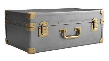 Vintage gray suitcase isolated PNG on transparent background, retro luggage with brass hardware for travel and storage