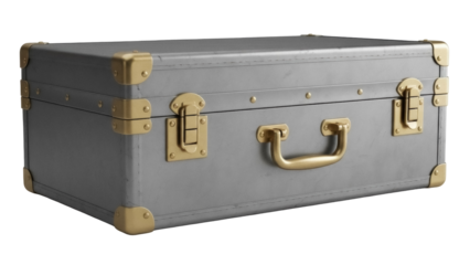 Vintage gray suitcase isolated PNG on transparent background, retro luggage with brass hardware for travel and storage
